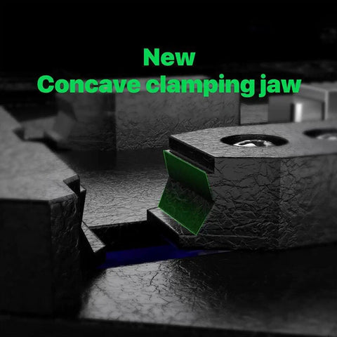 Close-up of new concave clamping jaw on Beefy Pro Grade PCB Board Holder And Clamp For Soldering Dual Rail Push Clamp System