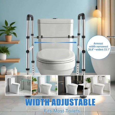 Built Tough Adjustable Toilet Safety Rails For Elders and Heavy Duty Bathroom Grab Bars with adjustable armrest width.