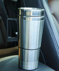 Zero Drama 12V And 24V Ride Along Electric Kettle Straight For Your Center Console food grade steel travel kettle in vehicle cup holder.