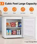 Compact 1.1 Cu Ft Upright Mini Freezer In Bright White For Dorms Small Apartments And Garages showcasing seafood, meat, ice cream, and drinks.
