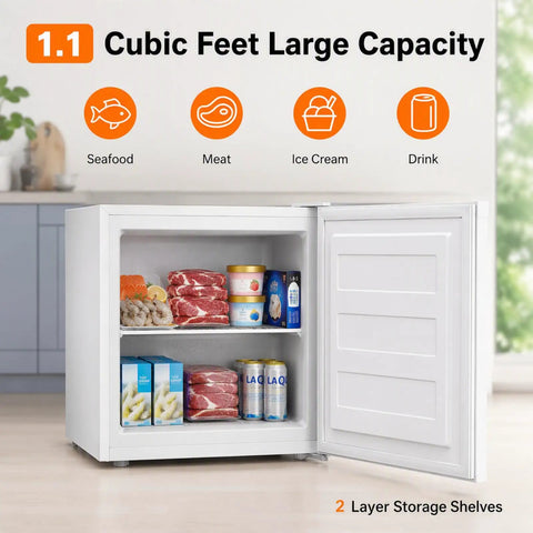 Compact 1.1 Cu Ft Upright Mini Freezer In Bright White For Dorms Small Apartments And Garages showcasing seafood, meat, ice cream, and drinks.