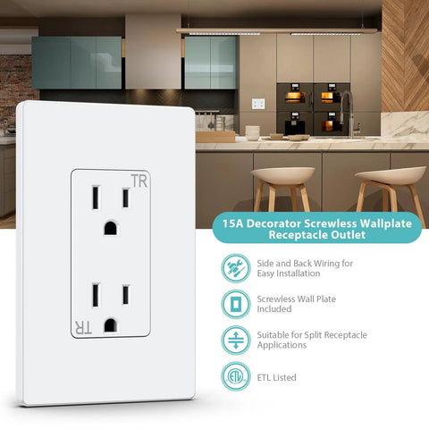 Decorator Receptacle Outlet With Screwless Wall Plate Included For Easy Install 15 Amp 125 Volt Tamper Resistant Electrical Outlet