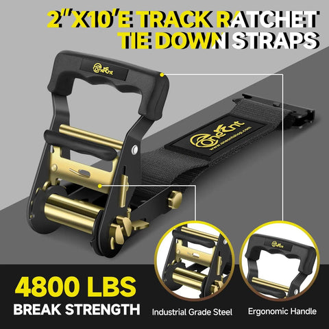 Front view of 4 Pack E-Track Ratchet Straps With Wheel Chock Kit 2 X 10 Ft Heavy Duty Tie Down For Trucks Trailers Vans
