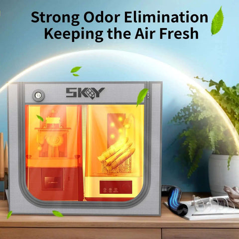 Double Space Resin 3D Enclosure With Ventilation Kit and LED Light for LCD Resin UV Printers on a desk, highlighting odor elimination