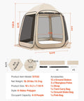 Pop Up Screen House Tent For Four To Eight People 10 By 9.2 Feet Portable Gazebo with netting sides and ground stakes in beige.