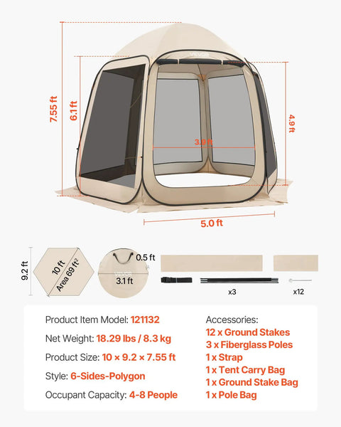 Pop Up Screen House Tent For Four To Eight People 10 By 9.2 Feet Portable Gazebo with netting sides and ground stakes in beige.