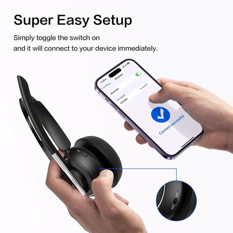 Connecting wireless headset with microphone to phone via USB dongle, showing one step auto connection for clear calls and meetings.