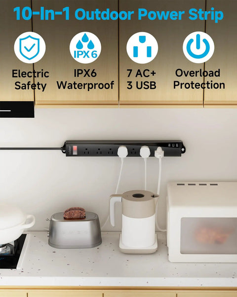 Weatherproof Outdoor Power Strip With IPX6 Rating 1625W 13A 6 Ft Extension Cord with devices plugged in on kitchen counter