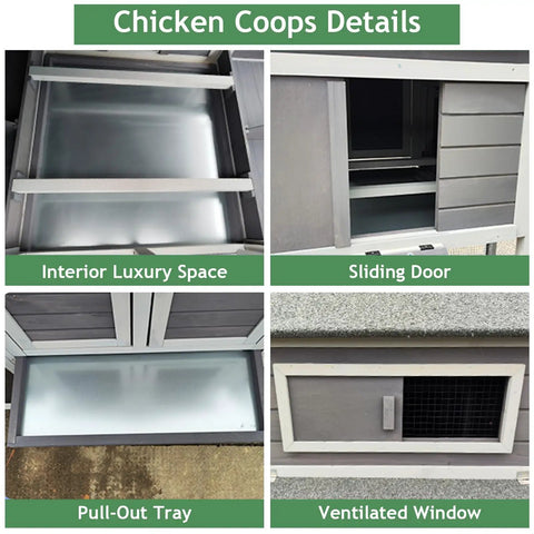 Ultra Spacious Outdoor Chicken Coop 82 Inch Hen House For Three To Four Chickens with pull-out tray and sliding door details