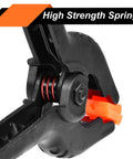 Close-up of black 3.5-inch spring clamp with orange jaws and red coil spring