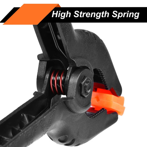 Close-up of black 3.5-inch spring clamp with orange jaws and red coil spring