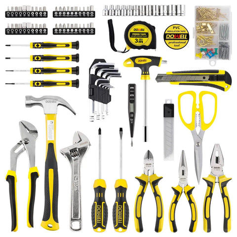 185 Piece Tool Set With General Household Hand Tool Kit And Toolbox Storage Case For Home Repair All In One Heavy Duty Durable Chrome Finish Anti Corrosive Steel Comfortable TPR Handles Comprehensive DIY Tools For Everyday Projects.
