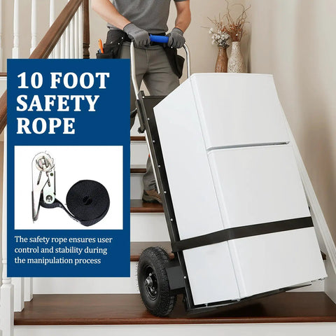 Powerful 1500W Motorized Stair Climbing Hand Truck Dolly Cart For Heavy Loads Up To 880 Lbs Ideal For Moving Furniture Appliances And Inventory Across Floors With Easy Control And Durable Construction, 10-foot safety rope on stair-climbing dolly