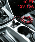 10 Ft 12V Cigarette Lighter Extension Cord With Glowing Led Ring And 15A Inline Fuse in a vehicle center console.