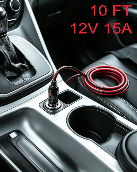 10 Ft 12V Cigarette Lighter Extension Cord With Glowing Led Ring And 15A Inline Fuse in a vehicle center console.