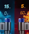 Smart Car Cup Cooler And Warmer 12V Portable Digital Thermoelectric Beverage Chiller shows temperature readings for cold and hot drinks.