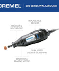 Two Speed Corded Rotary Tool Kit With 15 Accessories And One Attachment, labeled compact and lightweight on white background