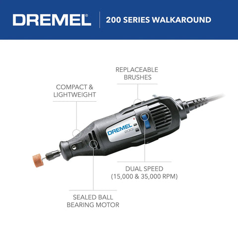 Two Speed Corded Rotary Tool Kit With 15 Accessories And One Attachment, labeled compact and lightweight on white background