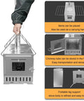 Stainless Steel Portable Tent Stove With Crack Resistant Ceramic Glass For Outdoor Camping, shown with carrying handle and open door