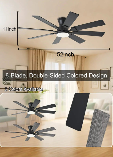 52 Inch Ceiling Fan With Light And Remote Control, 6 Speeds Reversible, Low Profile Flush Mount with 8 Blades, Black