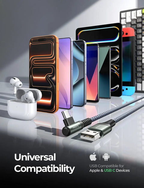 Right Angle USB A To USB C Car Cable 3.3 Ft 2 Pack Fast Charge For iPhone 17 16 And Samsung Galaxy Android Auto CarPlay shown with compatible devices