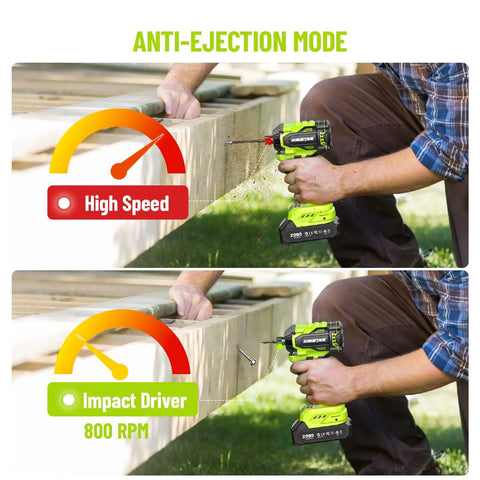 21V Cordless Impact Driver Kit With Brushless Motor One Quarter Inch Hex 230 Nm Torque 3300 RPM in use on wood deck