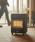 Portable Outdoor Propane Cabinet Heater With 6,000, 12,000, Or 18,000 BTU Settings in construction area, delivers cozy radiant heat