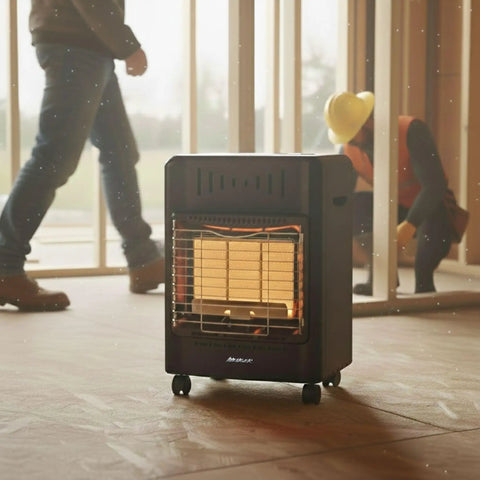 Portable Outdoor Propane Cabinet Heater With 6,000, 12,000, Or 18,000 BTU Settings in construction area, delivers cozy radiant heat