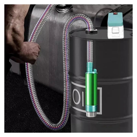 Compact Compatible With Makita 18-Volt Rechargeable Battery Powered 2 In 1 Electric Transfer Pump For Diesel Oil And Water Super Handy For Jobsites And Car Maintenance connected to oil drum with hose.