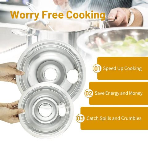 Hands holding Four Piece Chrome Electric Stove Drip Pans Set for GE Stoves, Includes 2 Six Inch and 2 Eight Inch Replacement Burner Drip Pans