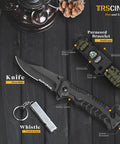 Knife, paracord bracelet, and whistle from Must Have Survival Kit 14 In 1 For Camping Fishing And Hunting Adventures Compact Multi Tool Gear Set With Flashlight Fire Starter And Emergency Gear Ideal Gift For Men Dad Husband Fathers Day Birthday Anniversary And Cool Gadgets.