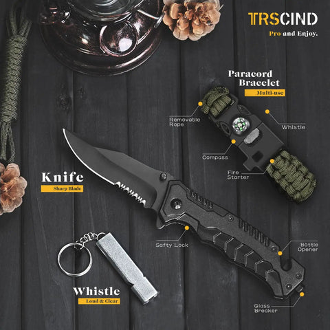 Knife, paracord bracelet, and whistle from Must Have Survival Kit 14 In 1 For Camping Fishing And Hunting Adventures Compact Multi Tool Gear Set With Flashlight Fire Starter And Emergency Gear Ideal Gift For Men Dad Husband Fathers Day Birthday Anniversary And Cool Gadgets.