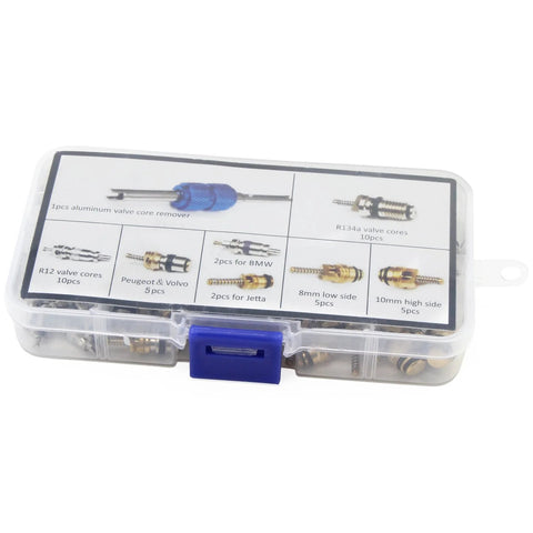 OCR 40pcs car A/C valve core kit in a clear case with blue latch and dual dismantling remover tool