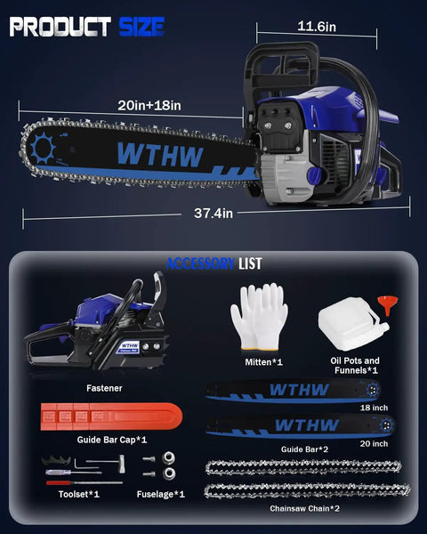 58cc Gas Powered Chainsaw With 20 Inch And 18 Inch Quick Switch Bars Large 550 Ml Fuel Tank And 260 Ml Oil Tank Automatic Chain Oiler