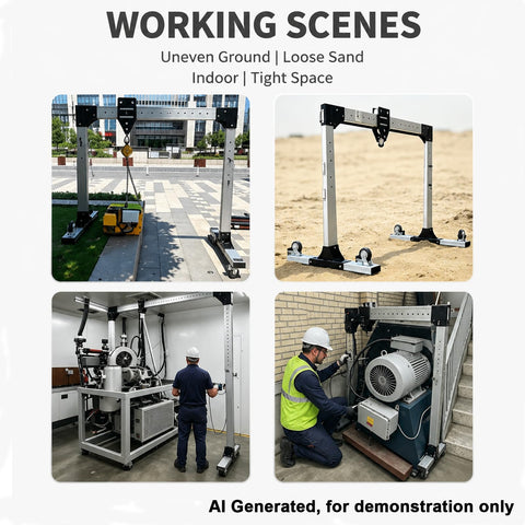 Portable Adjustable Aluminum Gantry Crane with 2 Ton Chain Hoist Built Tough for No Sweat Shop Lifting in varied environments.