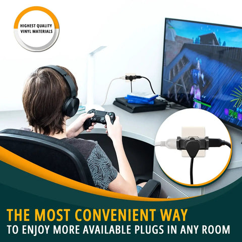 3 Outlet Wall Extender Adapter T Shaped, UL Listed 3 Prong Grounded Power Tap, 125V 5A 1875W in use behind gaming setup