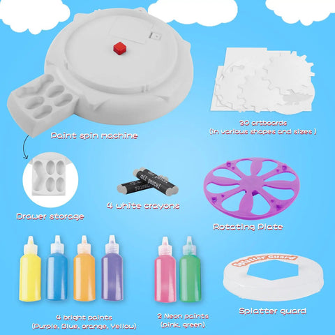 Spin Art Kit For Kids With Thick Paint Spinner Machine And Splatter Guard on blue background with paints and accessories.