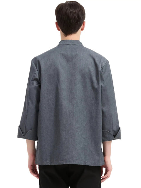 Men Professional Chef Coat Jacket Featuring Lightweight Breathable Fabric With Practical Sleeve Pocket And Sturdy Button Closure Pro Kitchen Workwear Uniform Jacket Designed Tough For The Daily Restaurant Grind - back view of gray chef coat