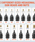 Image showing 13 different-sized hexagonal gun heads and nuts from the Rivet Nut Drill Adapter Kit For Electric Drills, Upgraded Pro Rivet Gun Set With 13 Iron Heads And 245Pcs Rivnuts, Case Included, Turns Any Drill Into A Heavy Duty Nut Riveter For Fast, Reliable Hardware Projects.