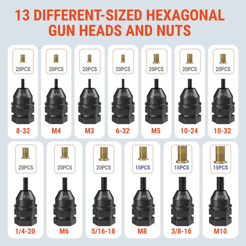 Image showing 13 different-sized hexagonal gun heads and nuts from the Rivet Nut Drill Adapter Kit For Electric Drills, Upgraded Pro Rivet Gun Set With 13 Iron Heads And 245Pcs Rivnuts, Case Included, Turns Any Drill Into A Heavy Duty Nut Riveter For Fast, Reliable Hardware Projects.