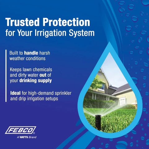 Image of a lawn sprinkler system with text highlighting protection benefits for irrigation systems by FEBCO.