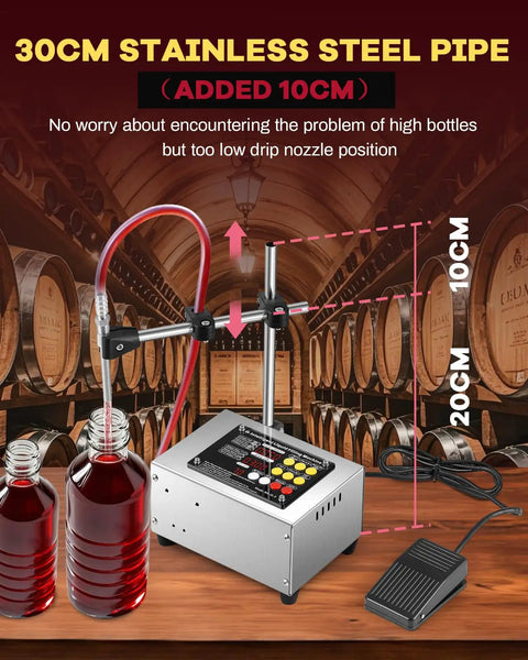 Pro Grade Liquid Filling Machine 1 To 100 Oz Bottle Filler with extended 30cm stainless steel pipe and foot pedal shown in winery