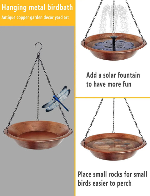 Outdoor Hanging Bird Bath In Antique Copper Metal With 17 Inch Rust Proof Black Chains Durable Iron Bird Feeder Bowl For Garden And Backyard Decor Weather Resistant And Easy To Clean, shown with fountain and rocks.