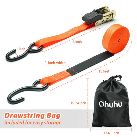 Heavy Duty Ratchet Tie Down Straps 8 Pack 15 Ft Each 500 Lb Load Capacity 1500 Lb Break Strength Cargo Straps For Moving Appliances Motorcycles And Gear Orange with black drawstring bag
