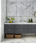 Modern bathroom with Brushed Nickel Four And Half Inch Cabinet Handles Square Kitchen Pulls on dark gray cabinets