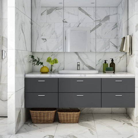 Modern bathroom with Brushed Nickel Four And Half Inch Cabinet Handles Square Kitchen Pulls on dark gray cabinets