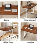 Hella Smooth Height Adjustable Standing Desk With Spacious Bedside Table For Cozy Home Office Setup Featuring Effortless Lift Grey Matte Finish 120cm Wide Straight Up Grind Upgrade. Images showing versatile desk use for eating and office work.