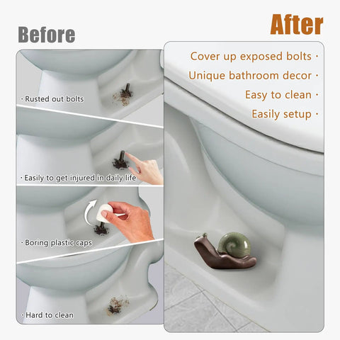 Before and after image showing Two Piece Ceramic Snail Toilet Bolt Covers Kicking Up Your Bathroom Vibe With A Super Smooth Push On Install Universal Fit.