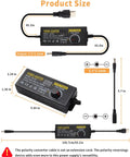 Image showing Adjustable 3 To 12V 12A 144W Universal DC Power Supply Adapter with Voltage Display, dimensions and cable details.