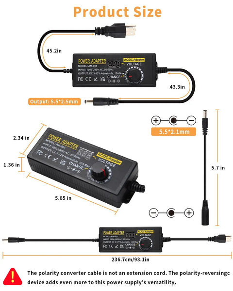 Image showing Adjustable 3 To 12V 12A 144W Universal DC Power Supply Adapter with Voltage Display, dimensions and cable details.